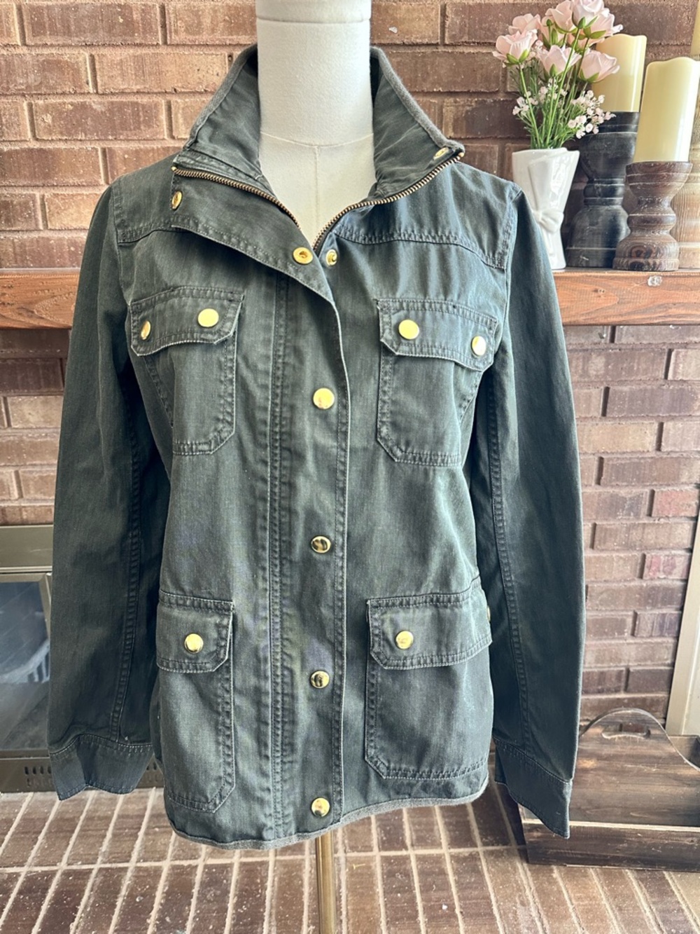 Women’s Olive Green Utility Jacket with Gold Hardware